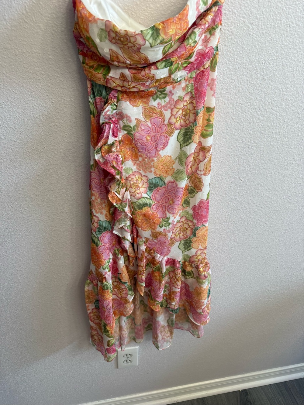 Hello Molly Floral Ruffle Wrap Scarf in Pink, Orange & Green